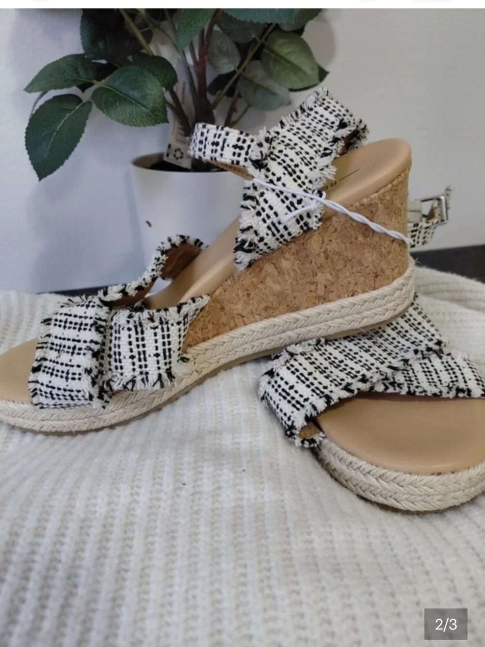 Woven Black & White Espadrille Wedge Sandals - Women